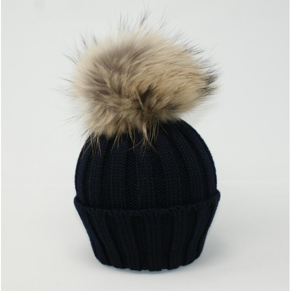 100% Merino Wool Luxury Knit Folded Brim Beanie with Faux Fur Pom Pom | Heavyweight Warm Wool Hat | Black | Double Foldover Brim Hat